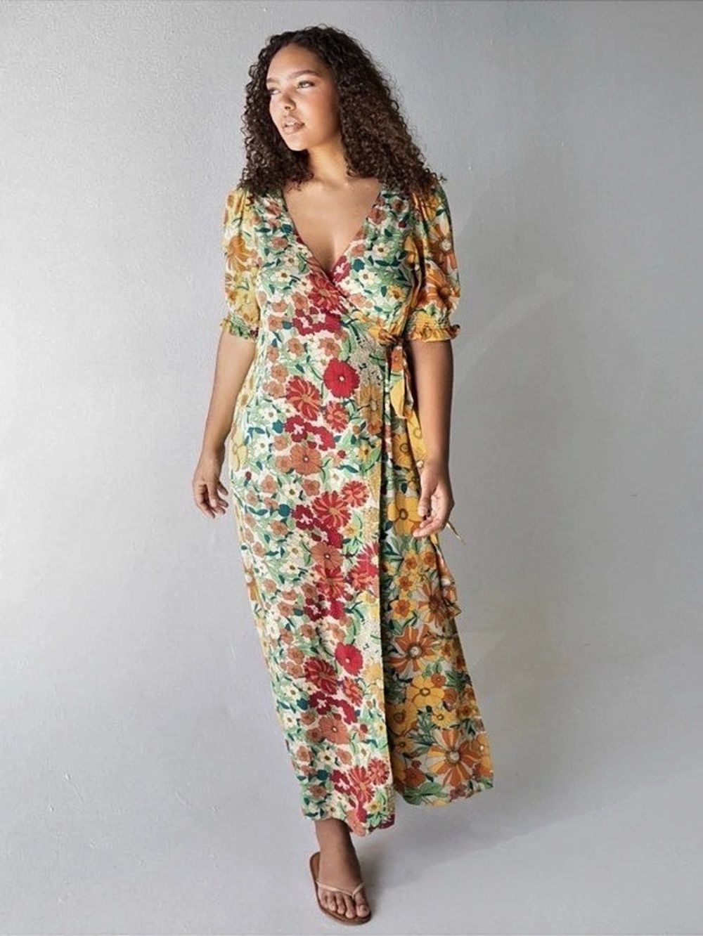 Natural Life Sophia Wrap Maxi Dress Floral Green & Red Small